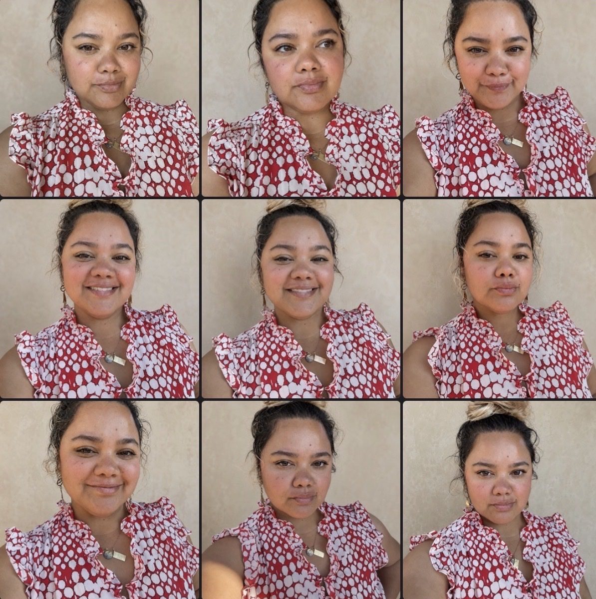 A grid of nine portraits of Kassandra Nolan against a warm plaster background