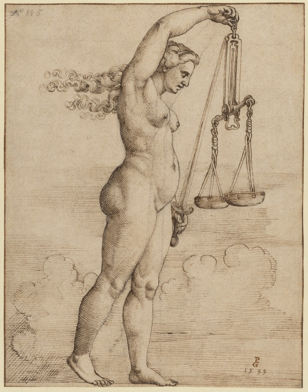 Renaissance ink drawing of Justice as a standing female figure holding suspended scales above her head and a sword at her side.
